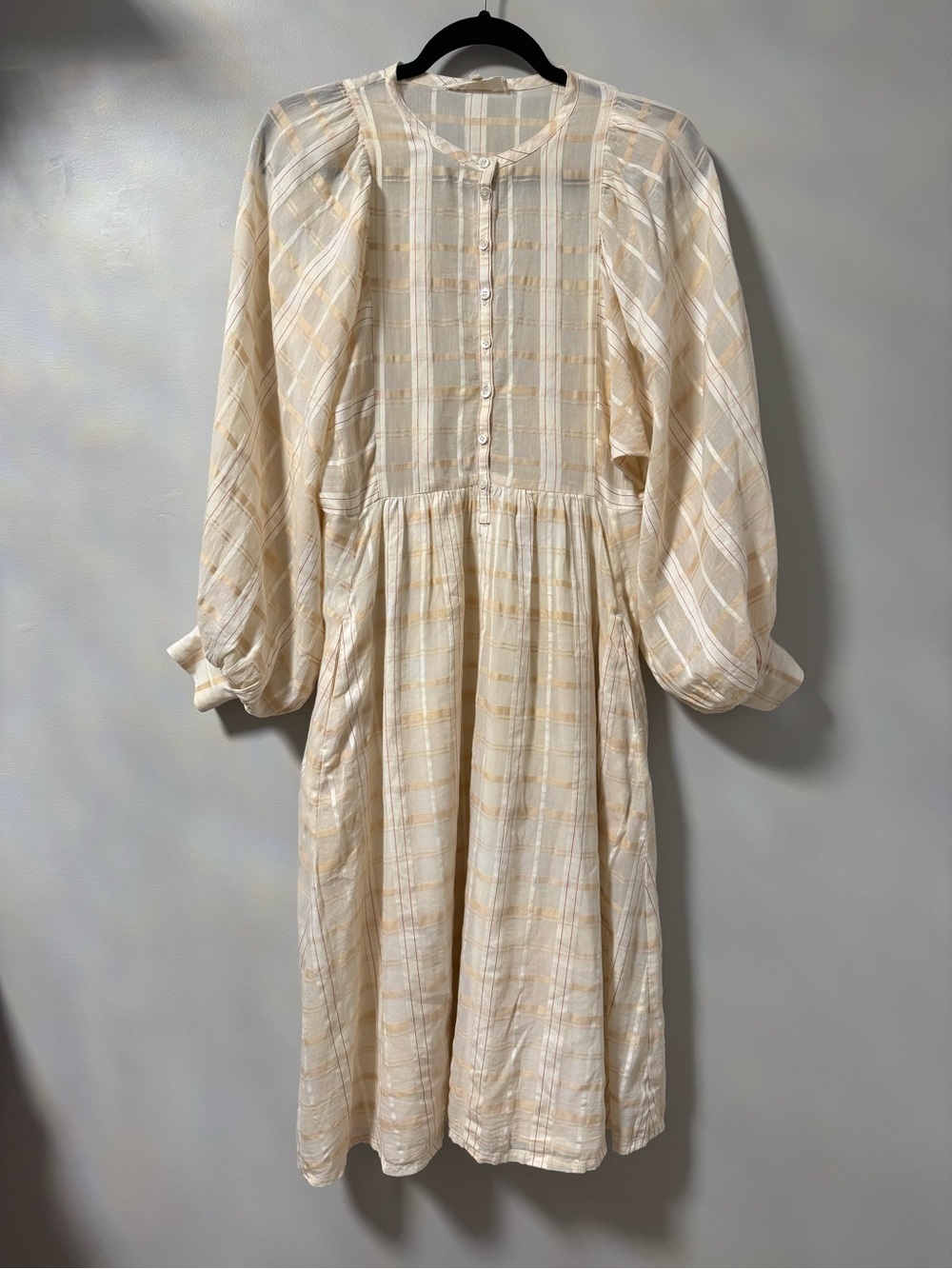 Hansel From Basel Ingrid Cream Plaid Sheer Balloon Sleeve Midi Dress Cotton S/M